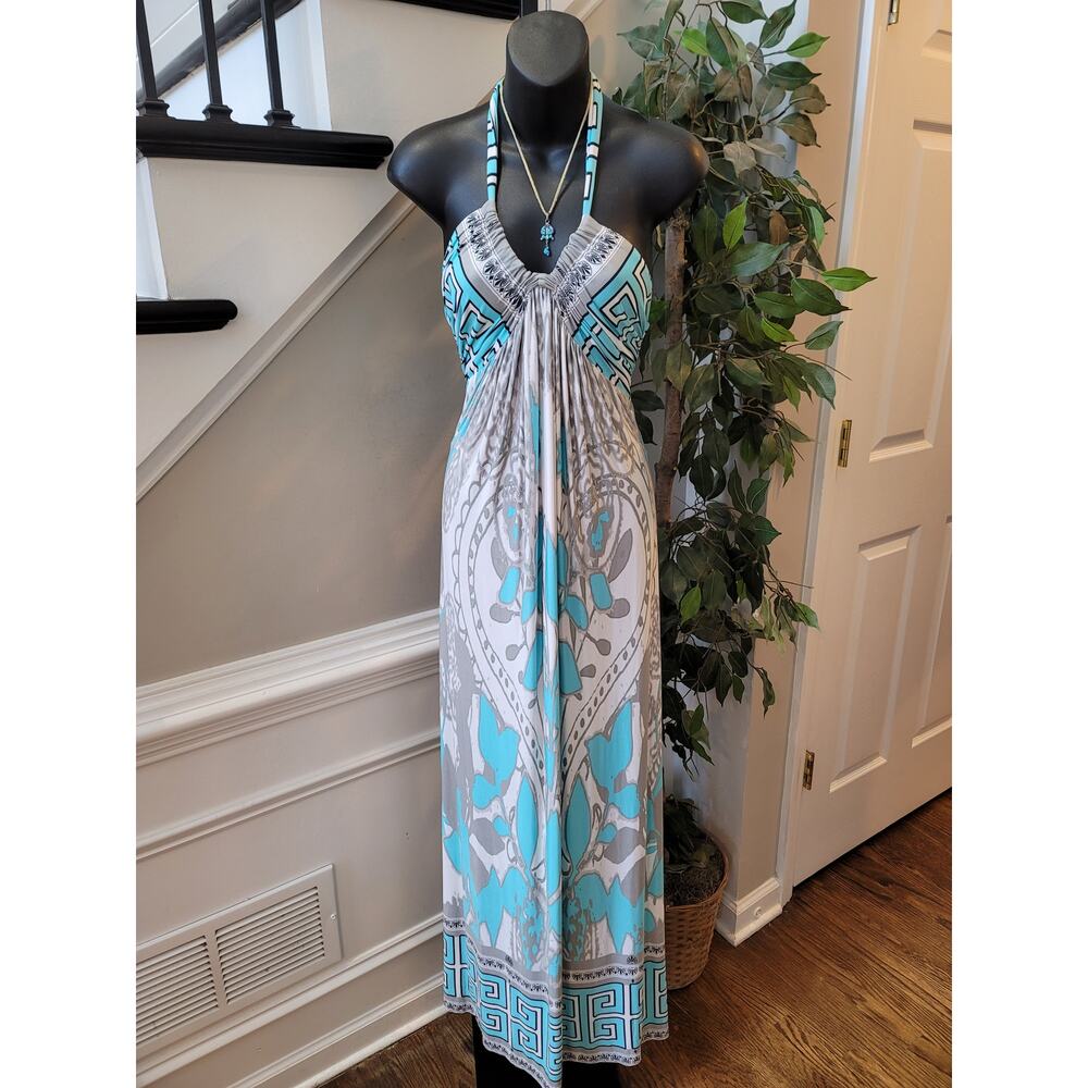 Olian Maxi Dress Womens X-Small Multi Stretch Paisley Pleated Halter Neck Casual